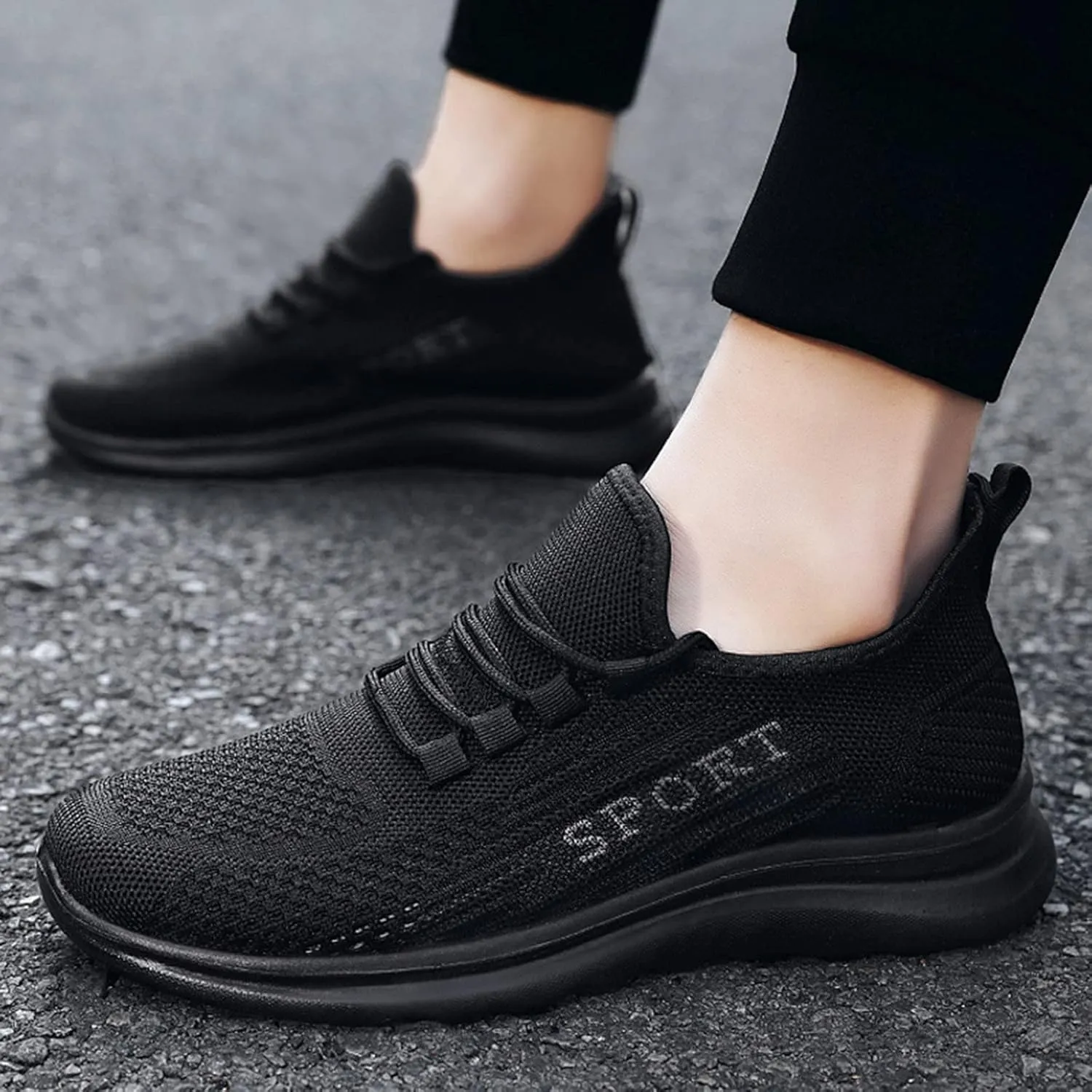 Men's Slip Shoes Fashion Men Sports Flat Non Slip Lace Up Fly Woven Mesh Breathable Solid Color Simple