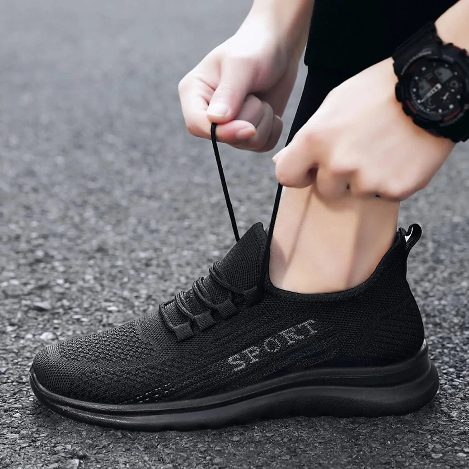 Men's Slip Shoes Fashion Men Sports Flat Non Slip Lace Up Fly Woven Mesh Breathable Solid Color Simple