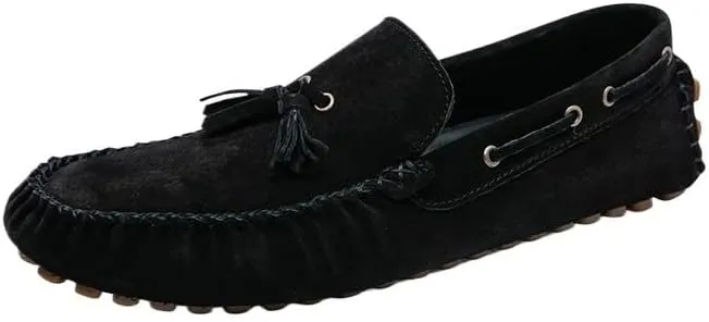 Men's Suede Loafers with Tassels - Solid Color Round Toe Driving Shoes, Comfortable Slip-Resistant Slip-Ons with Flat Heel for Outdoor Wear