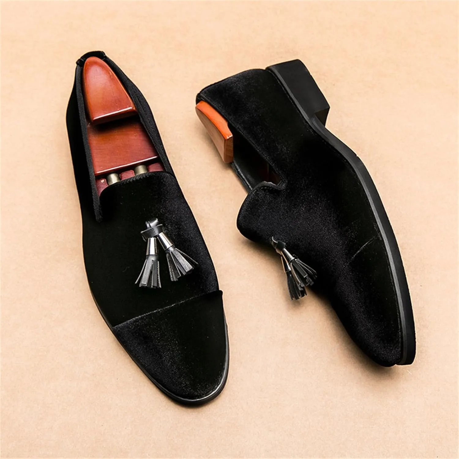 Men's Suede Tassels Slip on Dress Loafers Fashion Low-Top Penny Flats Smoking Shoes for Business Wedding Party Formal