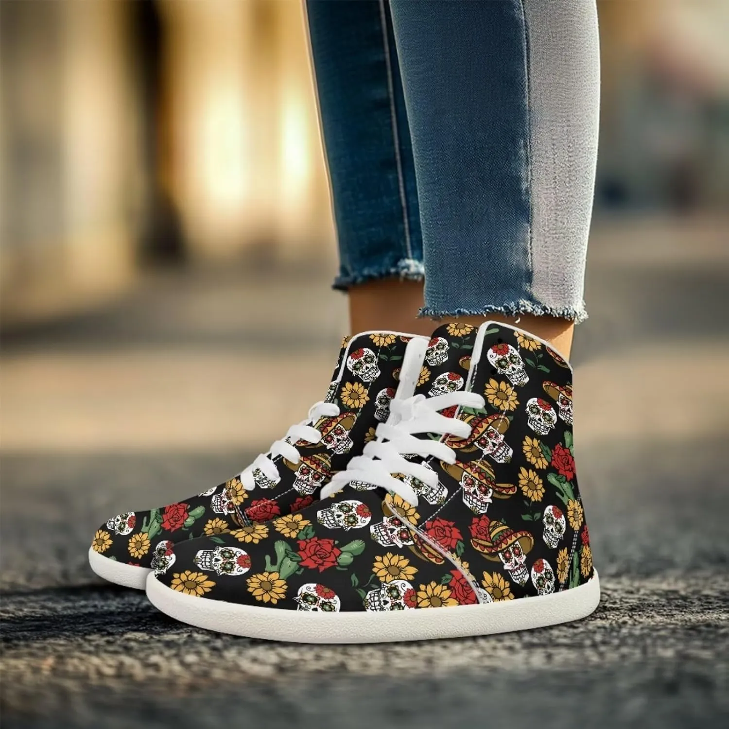 Mens Sugar Skull High Top Shoes for Women Mid Calf Lace Up Outdoor Fitness Walking Platform Sneakers