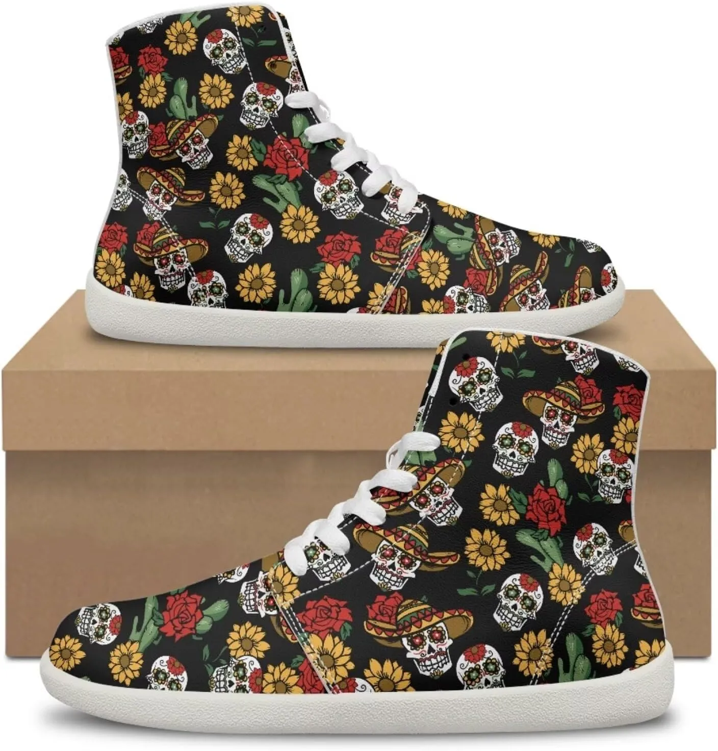 Mens Sugar Skull High Top Shoes for Women Mid Calf Lace Up Outdoor Fitness Walking Platform Sneakers
