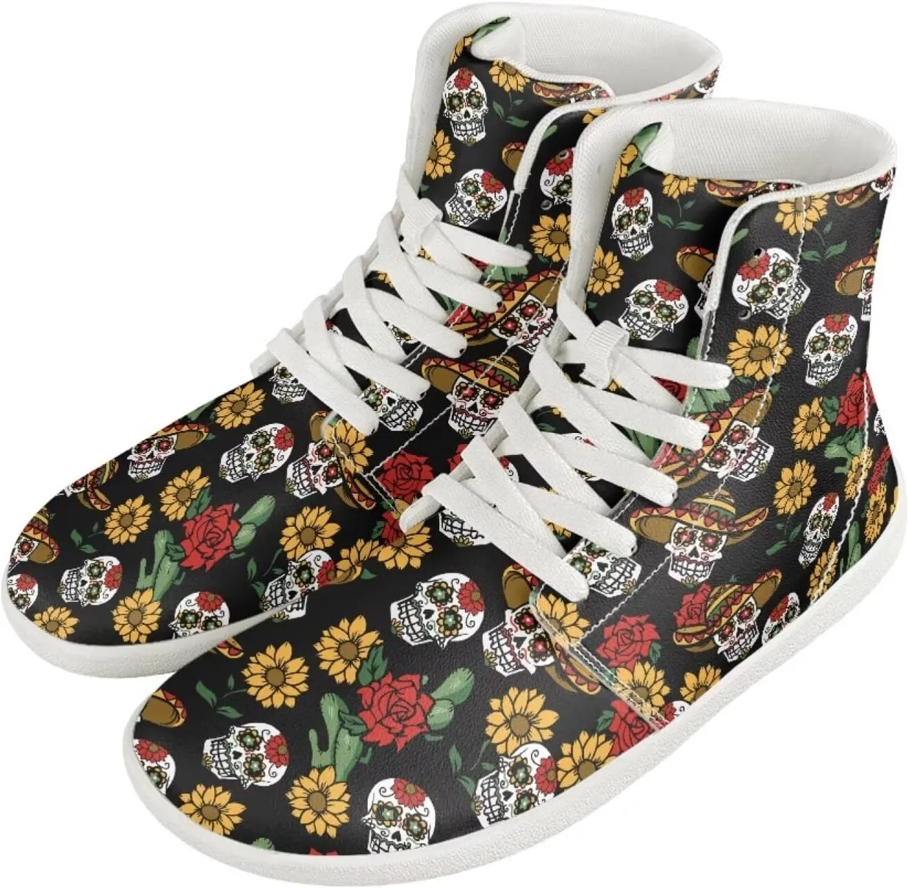 Mens Sugar Skull High Top Shoes for Women Mid Calf Lace Up Outdoor Fitness Walking Platform Sneakers