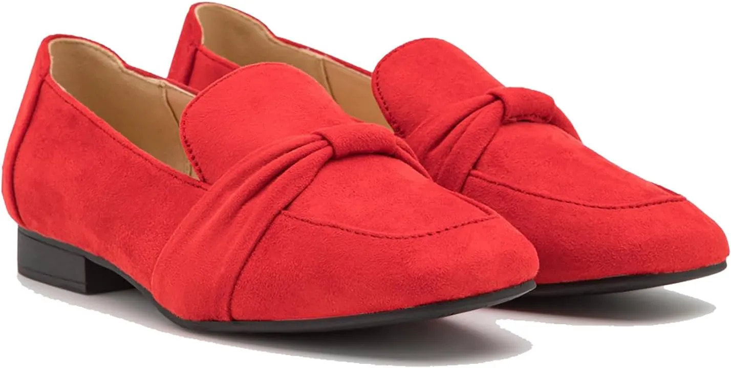 MOOMMO Women Flat Heel Square Toe Loafers Bow Suede Slip On Loafer Shoes Comfortable 1 inch Low Chunky Heel Dress Shoes Bow-Knot Casual Office Ladies Driver Loafer Flats Walking 4-11 M US