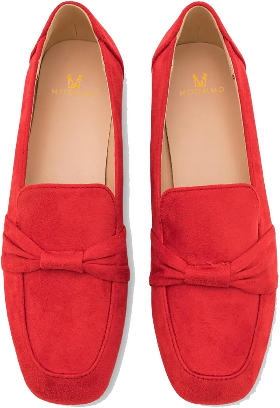 MOOMMO Women Flat Heel Square Toe Loafers Bow Suede Slip On Loafer Shoes Comfortable 1 inch Low Chunky Heel Dress Shoes Bow-Knot Casual Office Ladies Driver Loafer Flats Walking 4-11 M US
