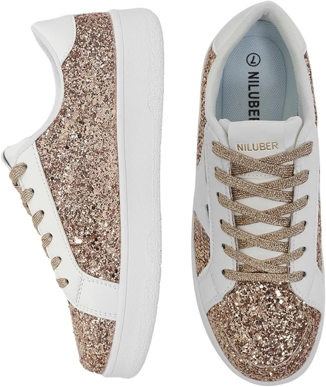 Niluber Star Sneakers for Women Low Top Comfortable Cushioned White Gold Sliver Leopard Platform Sneakers Lace Up Red Glitter Platform Party Shoes