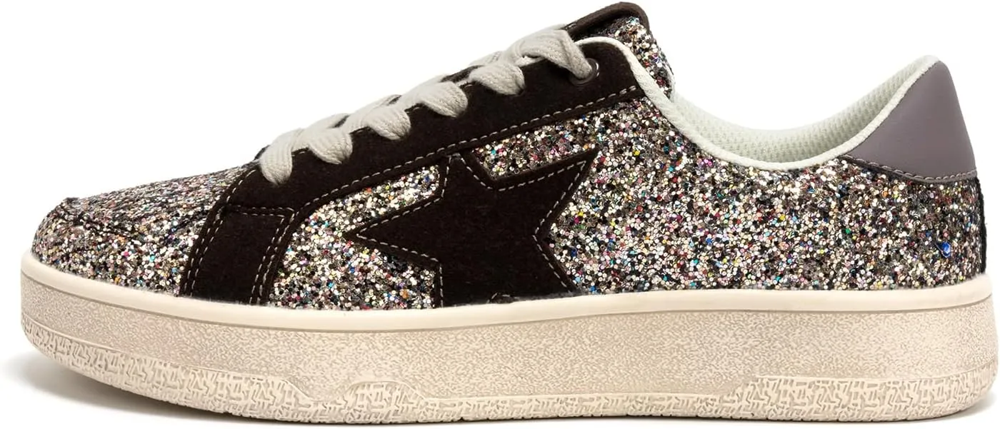 Niluber Star Sneakers for Women Low Top Comfortable Cushioned White Gold Sliver Leopard Platform Sneakers Lace Up Red Glitter Platform Party Shoes