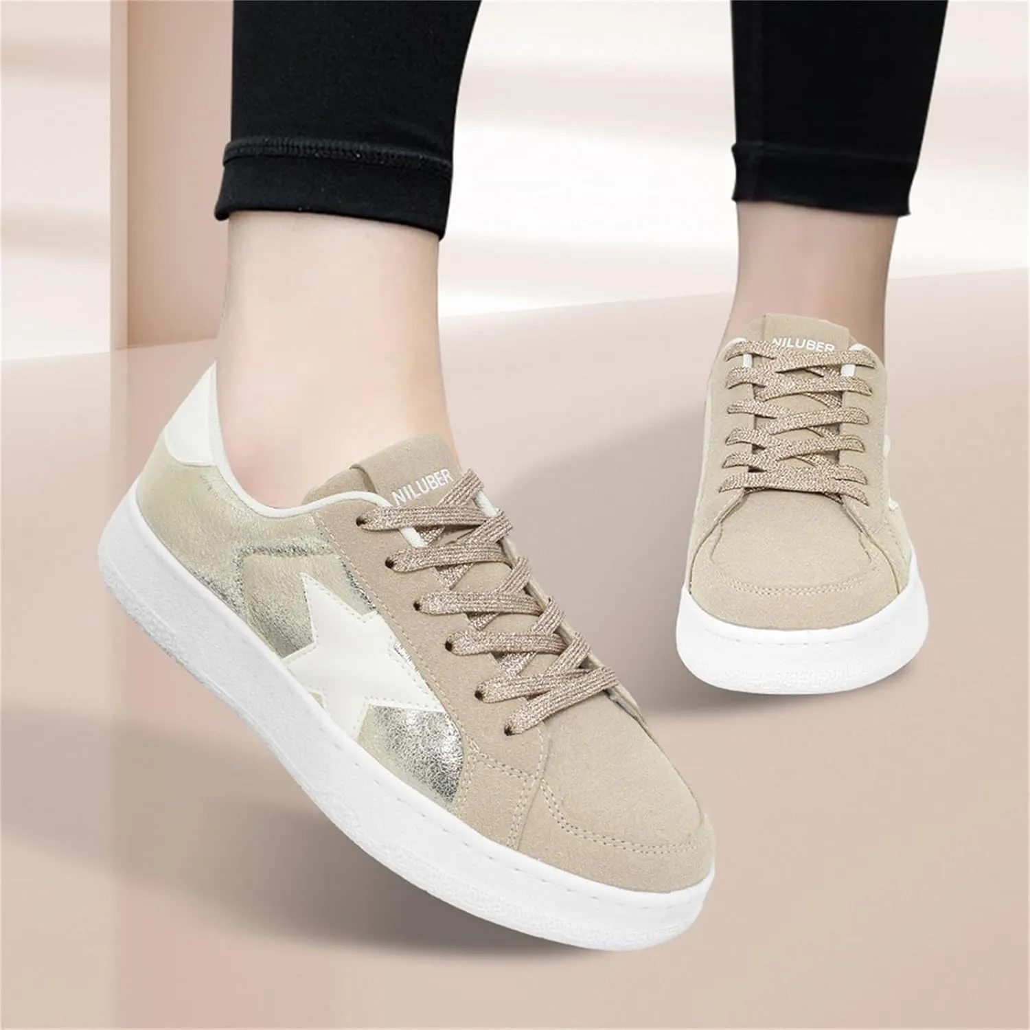 Niluber Star Sneakers for Women Low Top Comfortable Cushioned White Gold Sliver Leopard Platform Sneakers Lace Up Red Glitter Platform Party Shoes