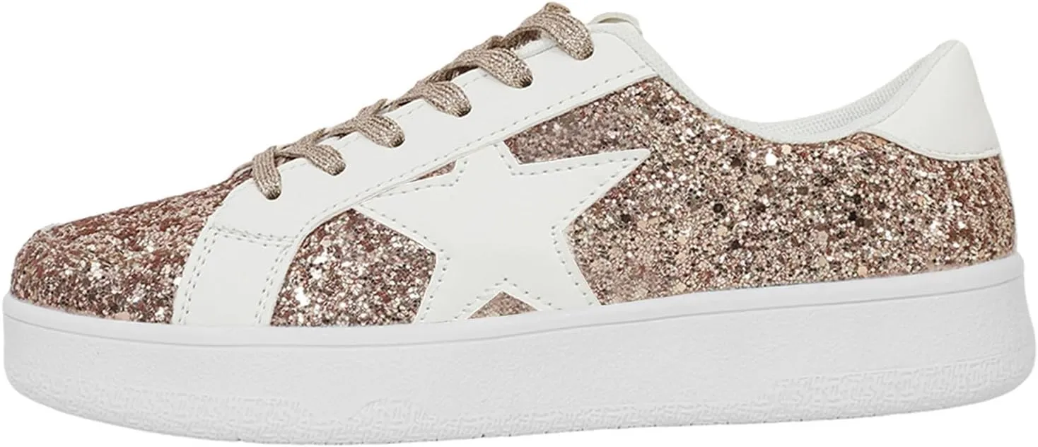 Niluber Star Sneakers for Women Low Top Comfortable Cushioned White Gold Sliver Leopard Platform Sneakers Lace Up Red Glitter Platform Party Shoes