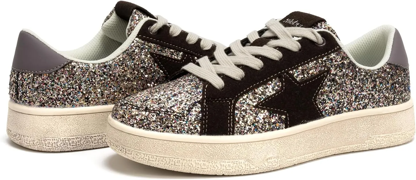 Niluber Star Sneakers for Women Low Top Comfortable Cushioned White Gold Sliver Leopard Platform Sneakers Lace Up Red Glitter Platform Party Shoes