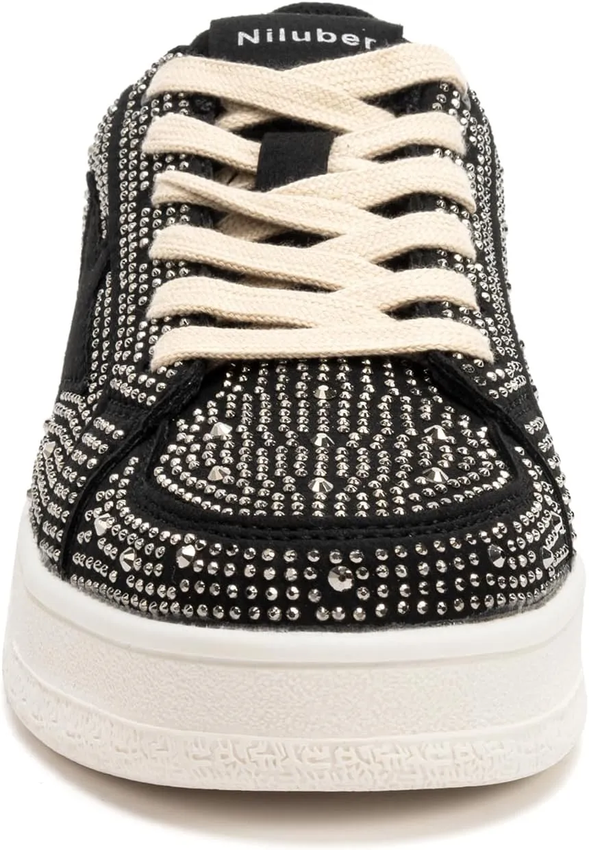 Niluber Star Sneakers for Women Low Top Comfortable Cushioned White Gold Sliver Leopard Platform Sneakers Lace Up Red Glitter Platform Party Shoes