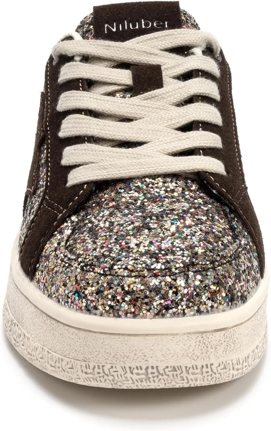 Niluber Star Sneakers for Women Low Top Comfortable Cushioned White Gold Sliver Leopard Platform Sneakers Lace Up Red Glitter Platform Party Shoes