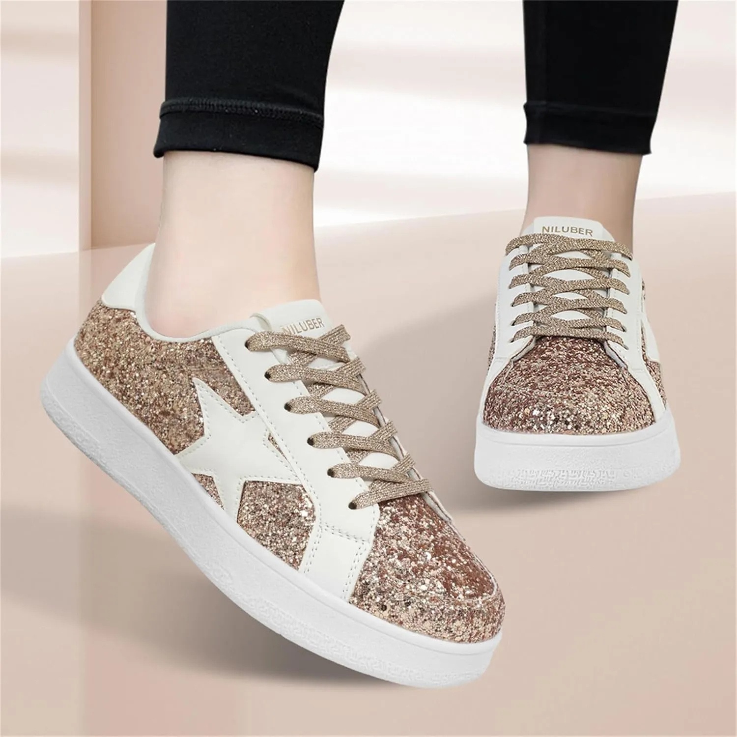 Niluber Star Sneakers for Women Low Top Comfortable Cushioned White Gold Sliver Leopard Platform Sneakers Lace Up Red Glitter Platform Party Shoes