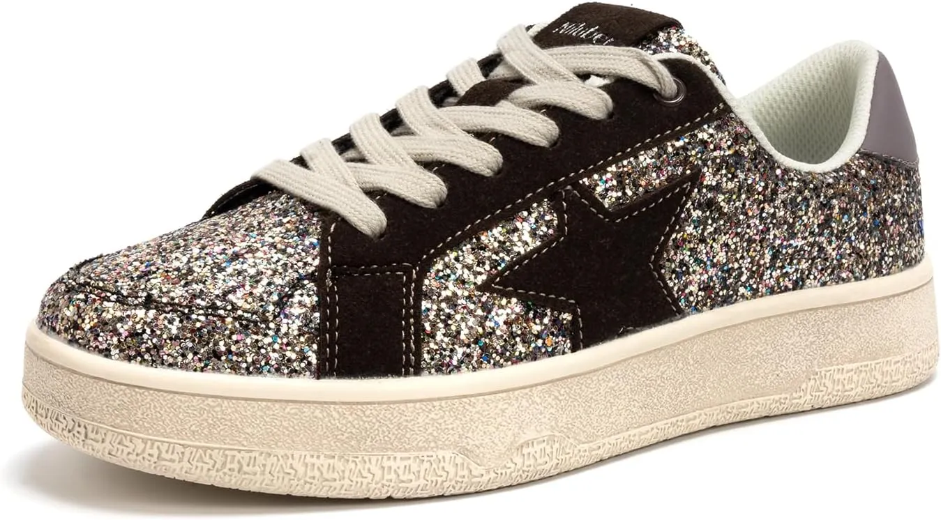 Niluber Star Sneakers for Women Low Top Comfortable Cushioned White Gold Sliver Leopard Platform Sneakers Lace Up Red Glitter Platform Party Shoes