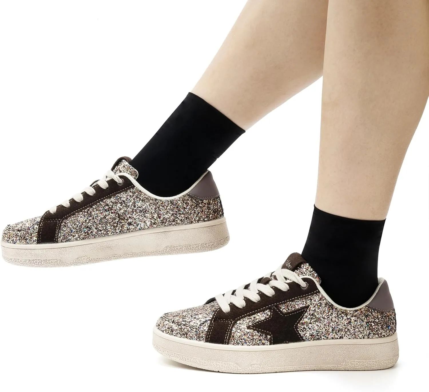 Niluber Star Sneakers for Women Low Top Comfortable Cushioned White Gold Sliver Leopard Platform Sneakers Lace Up Red Glitter Platform Party Shoes