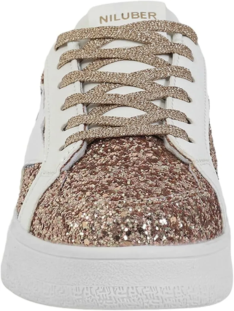 Niluber Star Sneakers for Women Low Top Comfortable Cushioned White Gold Sliver Leopard Platform Sneakers Lace Up Red Glitter Platform Party Shoes