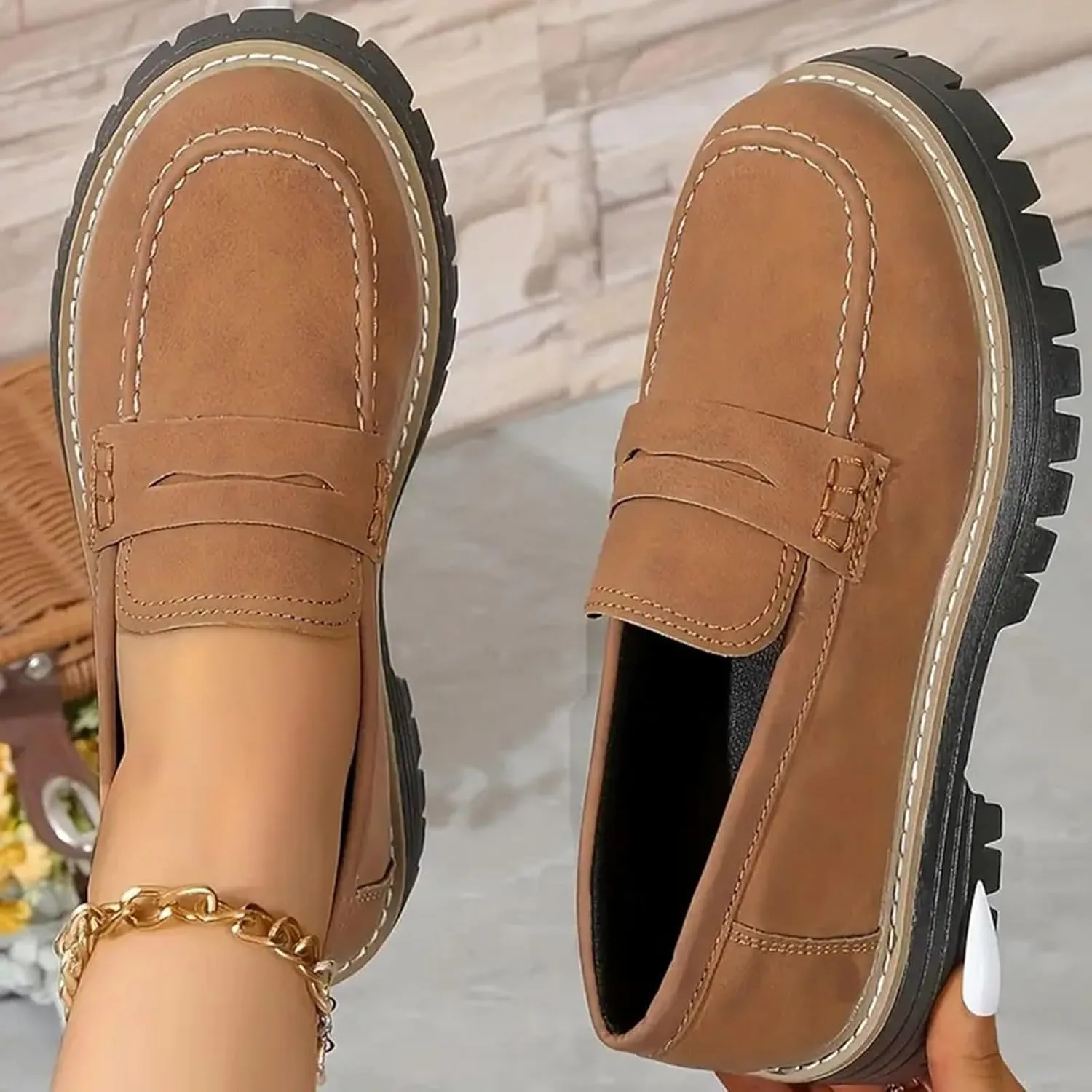 Orthoture-Orthopedic Platform Loafers Comfort Walking Shoes Womens Round Toe Slip on Loafers Lightweight Chunky Heel Shoes