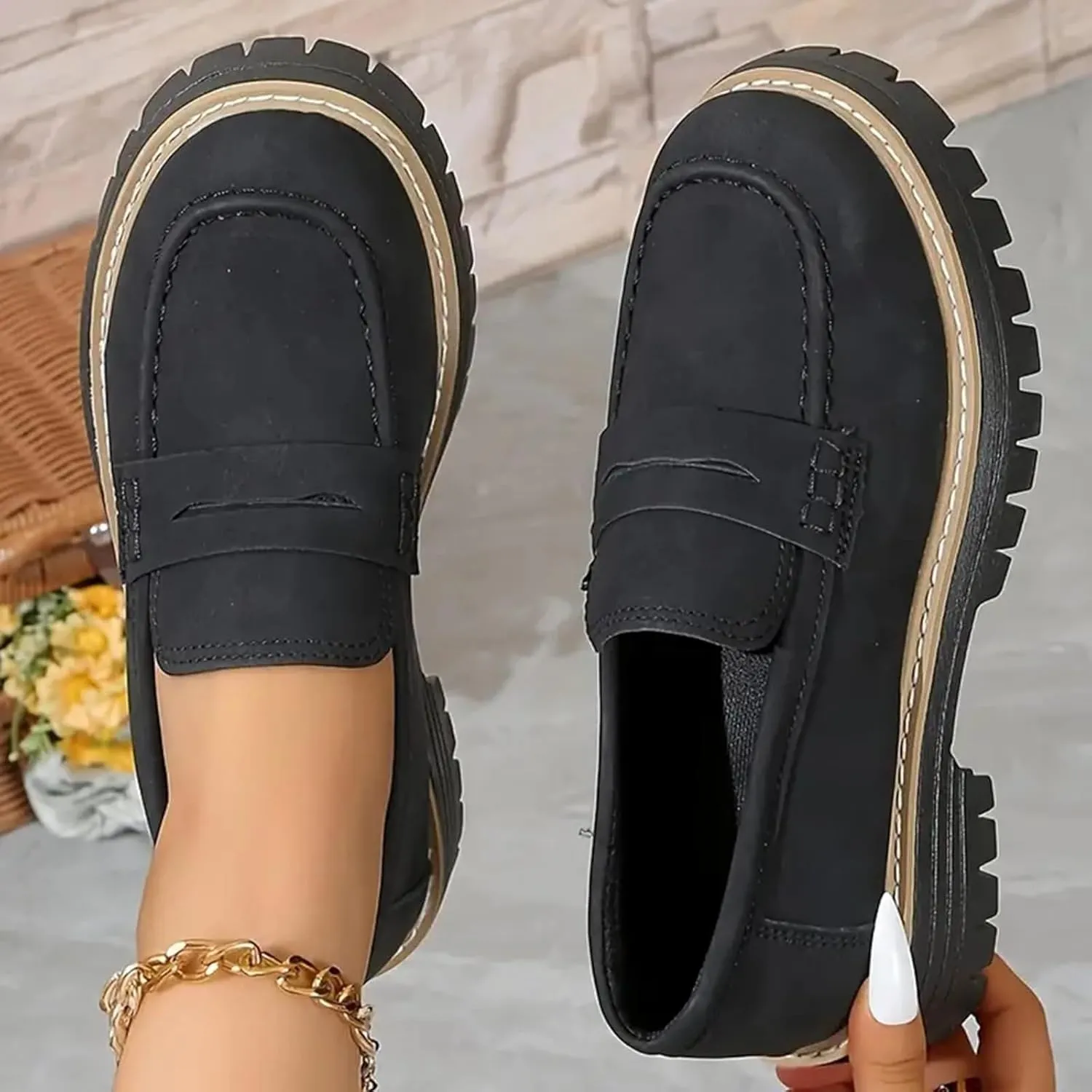 Orthoture-Orthopedic Platform Loafers Womens Round Toe Slip on Loafers Comfort Walking Shoes Lightweight Chunky Heel Loafers