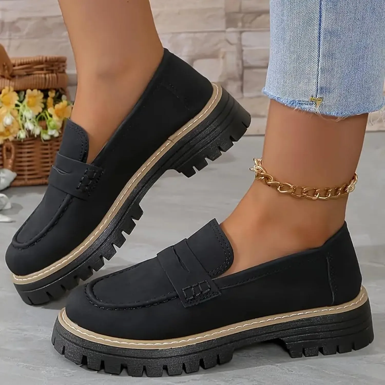 Orthoture-Orthopedic Platform Loafers Womens Round Toe Slip on Loafers Comfort Walking Shoes Lightweight Chunky Heel Loafers