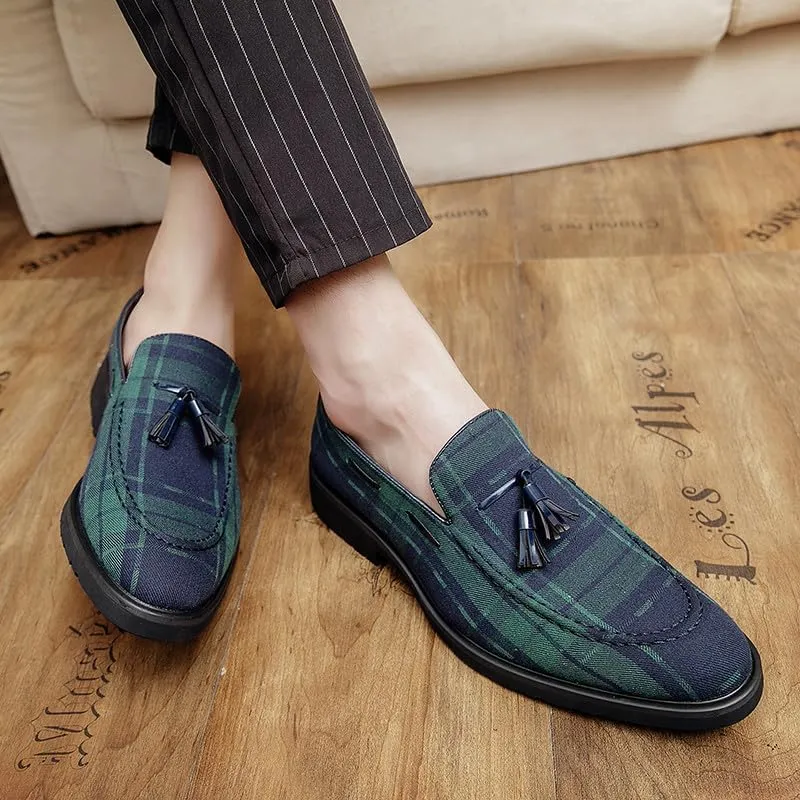Santimon Men's Denim Plaid Loafer Shoes Slip-on Casual Loafer Smoking Slipper Tassel Loafers