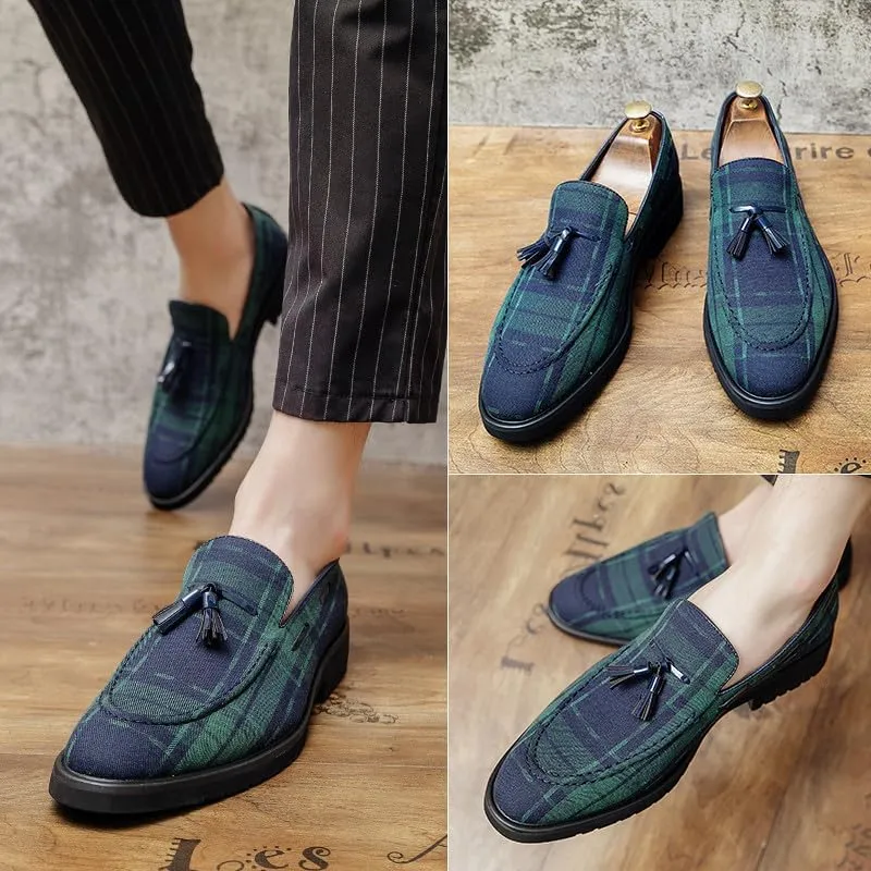 Santimon Men's Denim Plaid Loafer Shoes Slip-on Casual Loafer Smoking Slipper Tassel Loafers