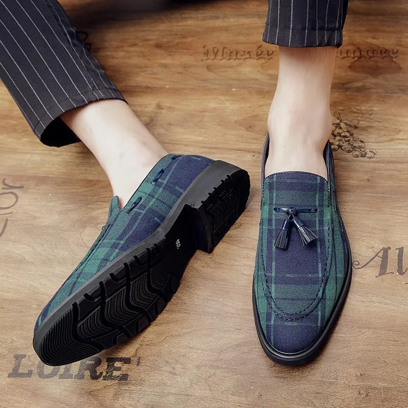 Santimon Men's Denim Plaid Loafer Shoes Slip-on Casual Loafer Smoking Slipper Tassel Loafers