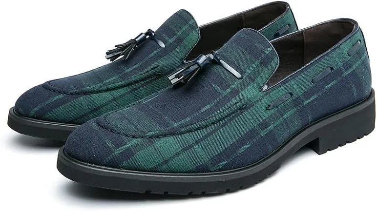 Santimon Men's Denim Plaid Loafer Shoes Slip-on Casual Loafer Smoking Slipper Tassel Loafers