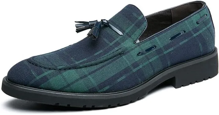 Santimon Men's Denim Plaid Loafer Shoes Slip-on Casual Loafer Smoking Slipper Tassel Loafers