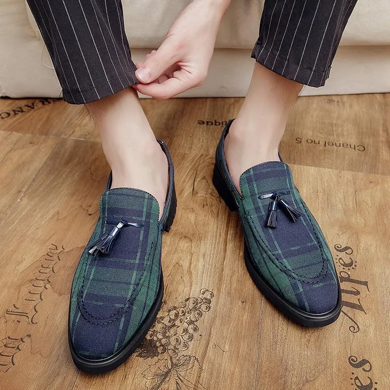 Santimon Men's Denim Plaid Loafer Shoes Slip-on Casual Loafer Smoking Slipper Tassel Loafers