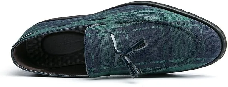 Santimon Men's Denim Plaid Loafer Shoes Slip-on Casual Loafer Smoking Slipper Tassel Loafers