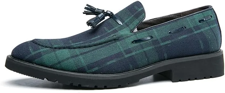 Santimon Men's Denim Plaid Loafer Shoes Slip-on Casual Loafer Smoking Slipper Tassel Loafers