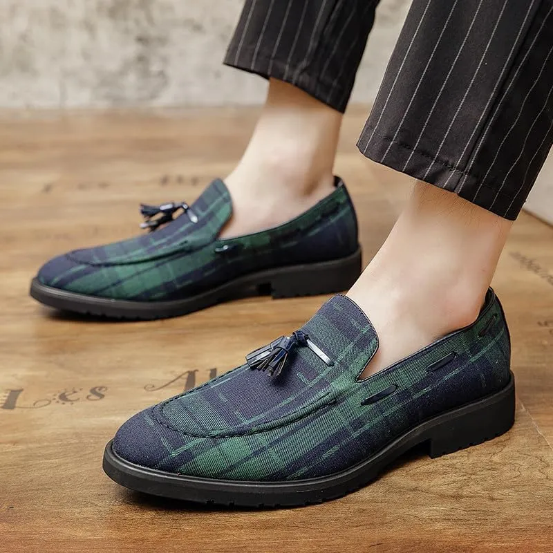 Santimon Men's Denim Plaid Loafer Shoes Slip-on Casual Loafer Smoking Slipper Tassel Loafers
