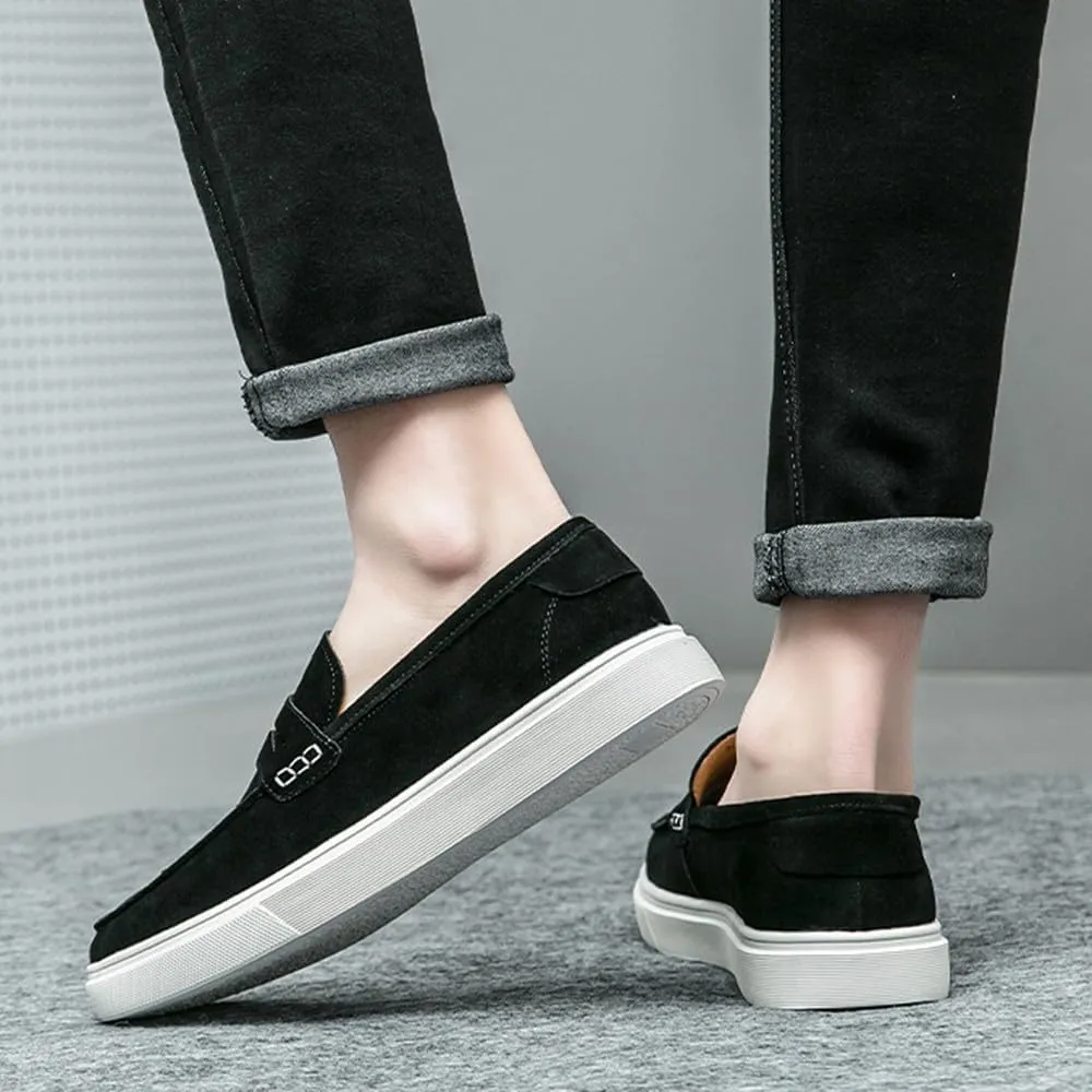 Santimon Men's Suede Penny Loafers Slip-On Fashion Flat Moc Toe Shoes Casual Comfortable Black Brown