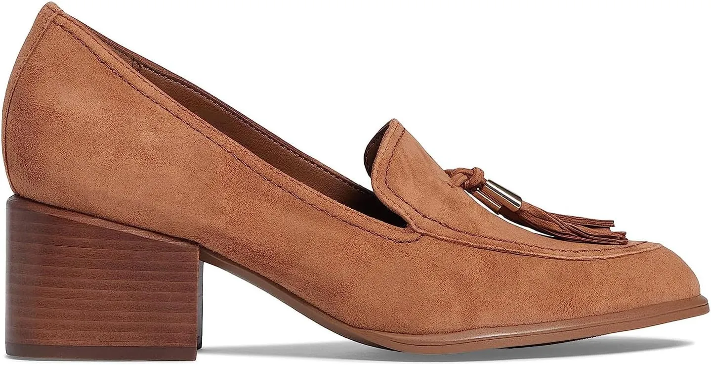 SHODENSE Women Round Toe Chunky Heel Loafers Tassel Slip On Suede Loafer Pumps Fringed Vintage 2 inch Mid Block Heel Dress Shoes with Tassels Comfortable Office Ladies Casual Walking 4-11 M US