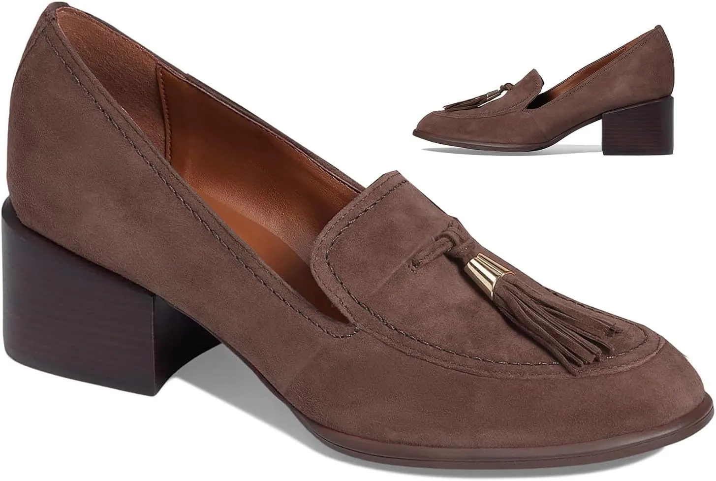 SHODENSE Women Round Toe Chunky Heel Loafers Tassel Slip On Suede Loafer Pumps Fringed Vintage 2 inch Mid Block Heel Dress Shoes with Tassels Comfortable Office Ladies Casual Walking 4-11 M US