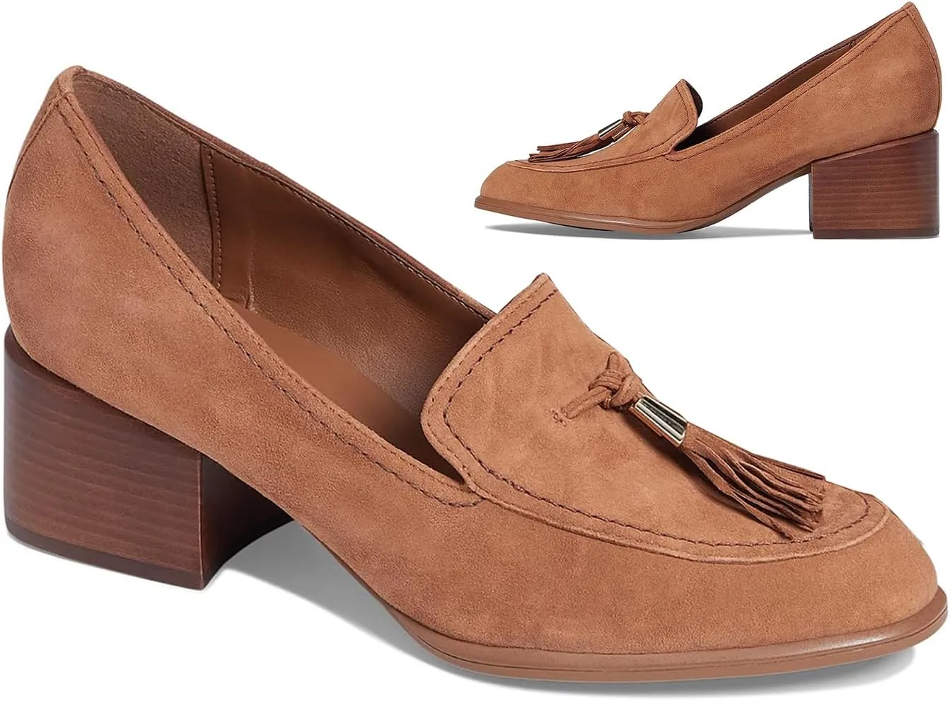 SHODENSE Women Round Toe Chunky Heel Loafers Tassel Slip On Suede Loafer Pumps Fringed Vintage 2 inch Mid Block Heel Dress Shoes with Tassels Comfortable Office Ladies Casual Walking 4-11 M US