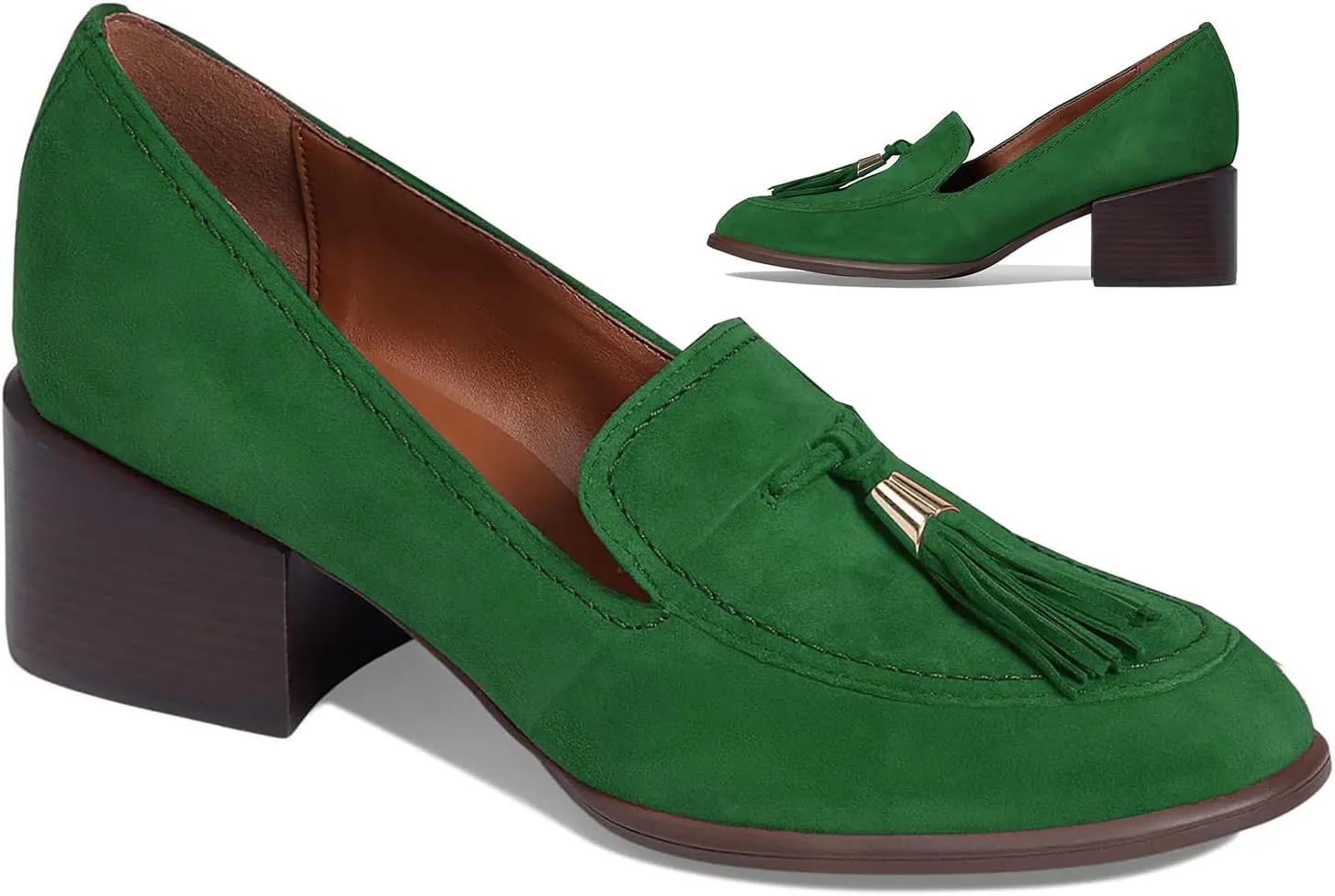 SHODENSE Women Round Toe Chunky Heel Loafers Tassel Slip On Suede Loafer Pumps Fringed Vintage 2 inch Mid Block Heel Dress Shoes with Tassels Comfortable Office Ladies Casual Walking 4-11 M US
