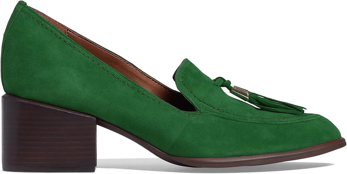 SHODENSE Women Round Toe Chunky Heel Loafers Tassel Slip On Suede Loafer Pumps Fringed Vintage 2 inch Mid Block Heel Dress Shoes with Tassels Comfortable Office Ladies Casual Walking 4-11 M US
