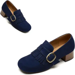 SHODENSE Women Vintage Low Chunky Block Heel Loafers Pumps Square Closed Toe Suede Penny Loafers Slip On Wingtip Oxford Shoes Metal Buckle Strap Comfort Dress Loafer Office Ladies Work Club 4-11 M US