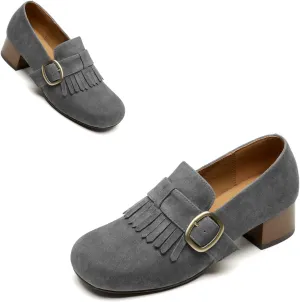 SHODENSE Women Vintage Low Chunky Block Heel Loafers Pumps Square Closed Toe Suede Penny Loafers Slip On Wingtip Oxford Shoes Metal Buckle Strap Comfort Dress Loafer Office Ladies Work Club 4-11 M US