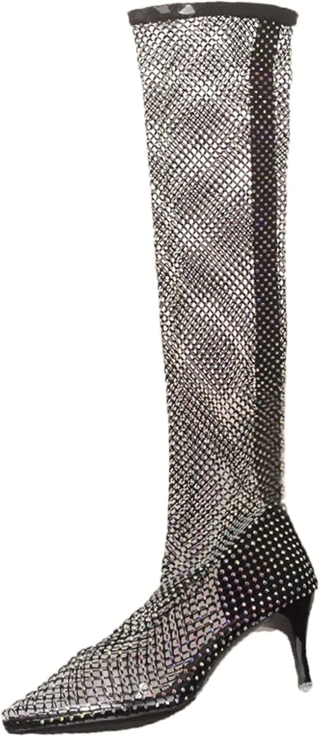 Silver Knee High Boots with Platform, Pointed Toe, Pull-On, Mesh, Women's Size 6.5, Medium Width, Knee High Boot, Casual, Fashion, Travel, Business, Dress, All Seasons, Not Water Resistant
