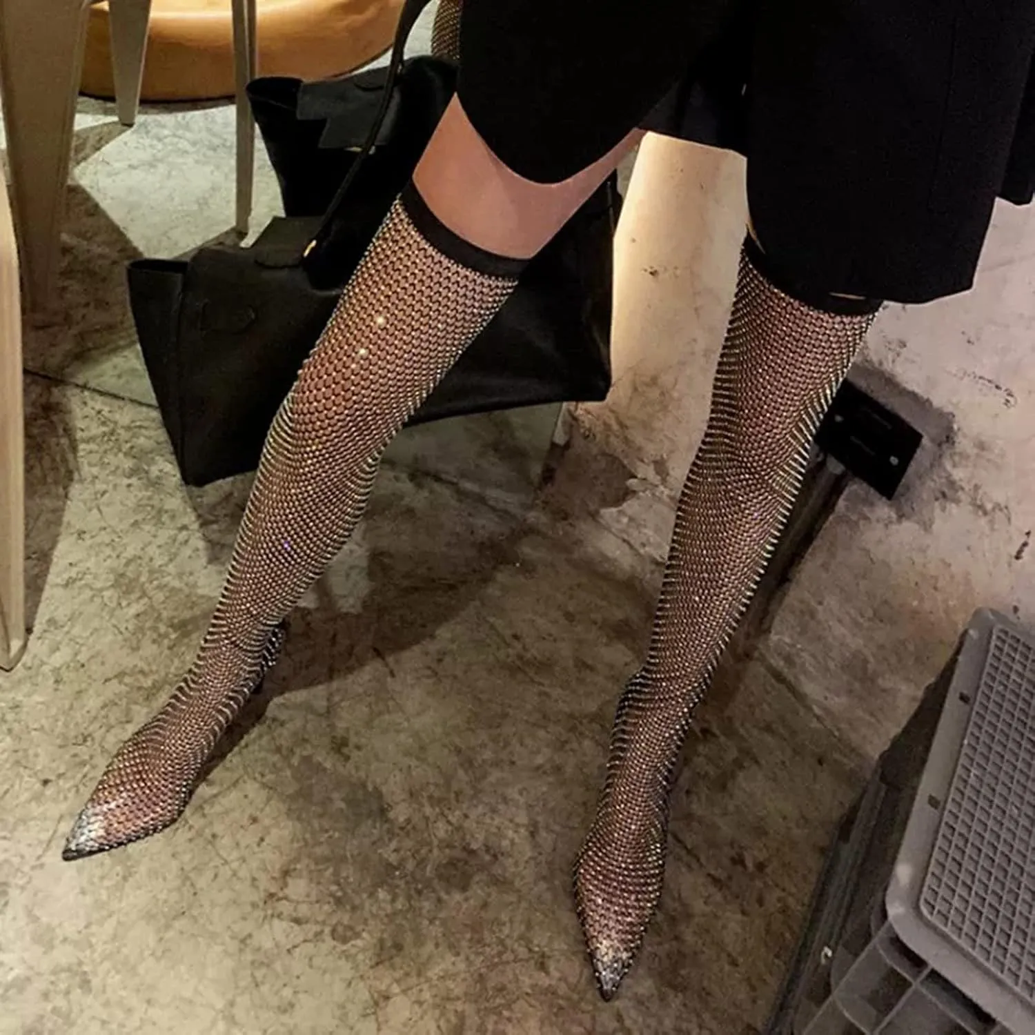 Silver Knee High Boots with Platform, Pointed Toe, Pull-On, Mesh, Women's Size 6.5, Medium Width, Knee High Boot, Casual, Fashion, Travel, Business, Dress, All Seasons, Not Water Resistant