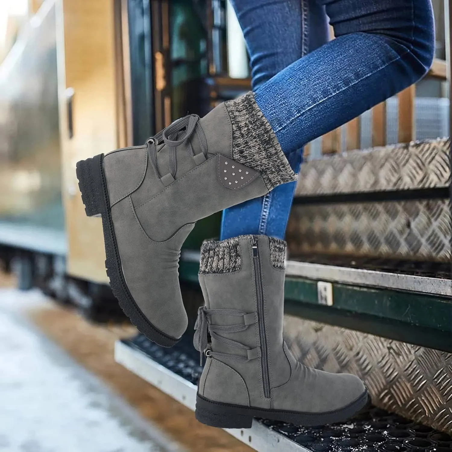 Snow Boots for Women Mid Calf Boots Women Vintage Casual Winter Working shoes Non-slip Lightweight Side Zipper Boots