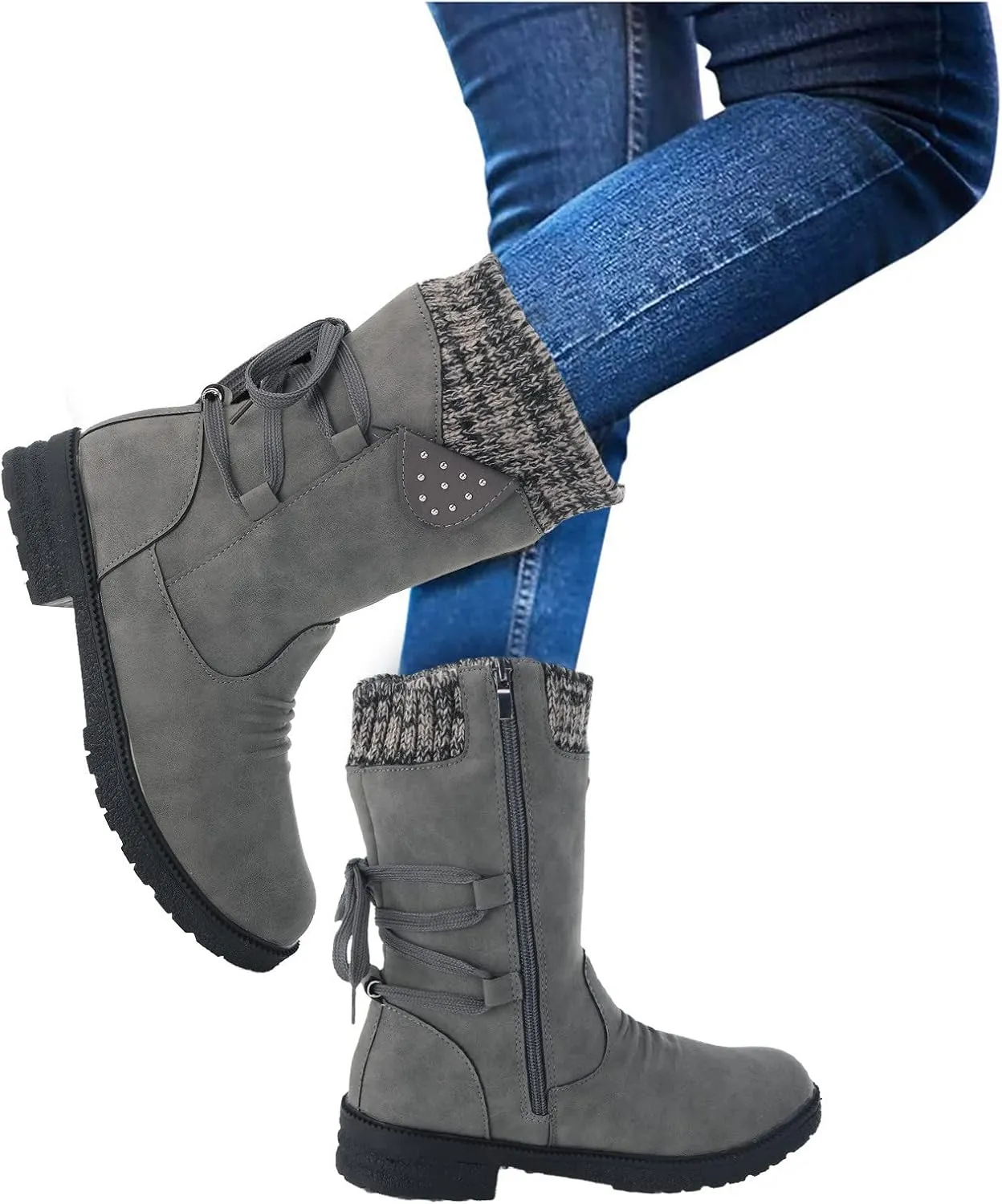 Snow Boots for Women Mid Calf Boots Women Vintage Casual Winter Working shoes Non-slip Lightweight Side Zipper Boots