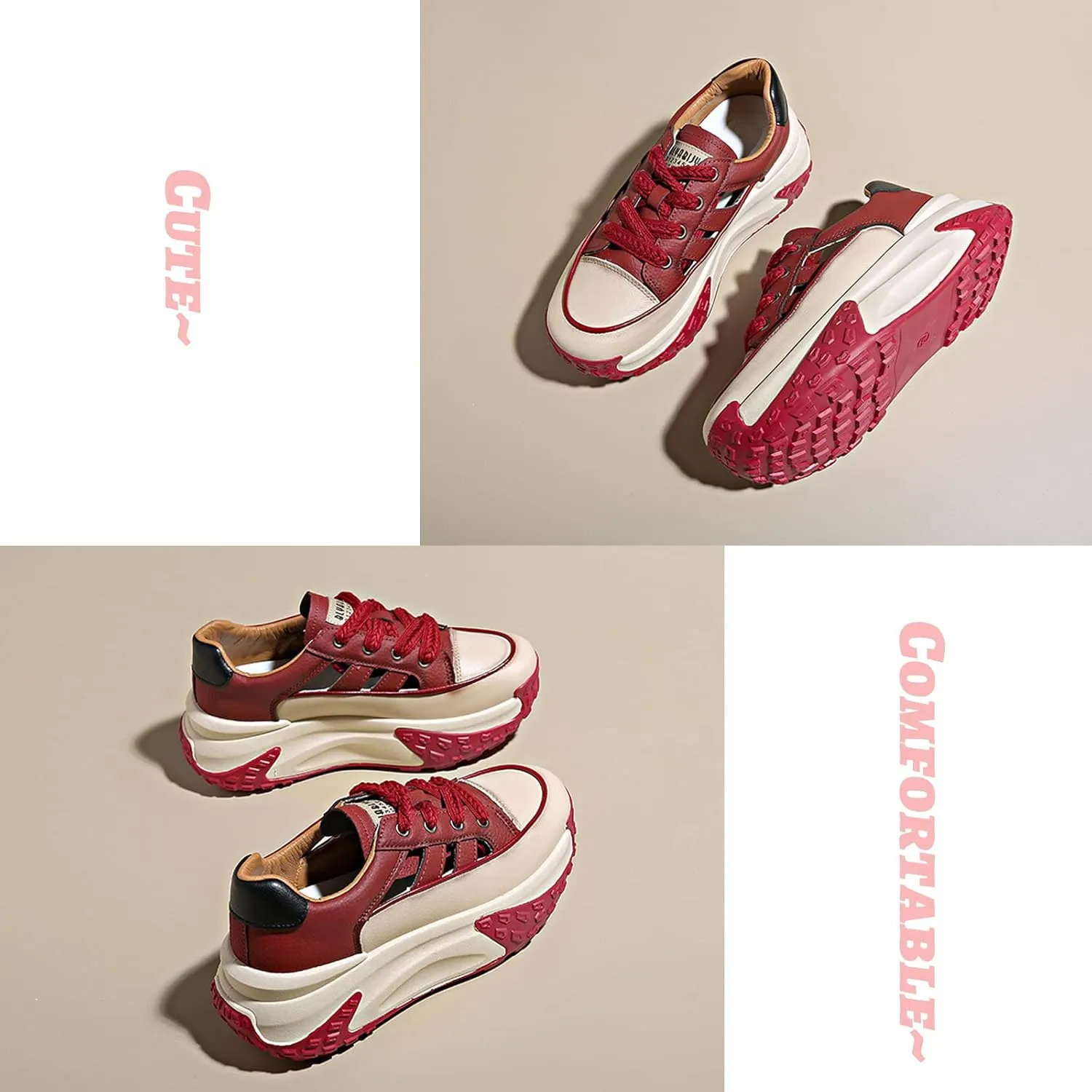SOLPNOW Women's Leather Breathable Hollow Casual Sneakers,Lace Up Non-Slip Shock Absorbing Heighten Running Sneakers