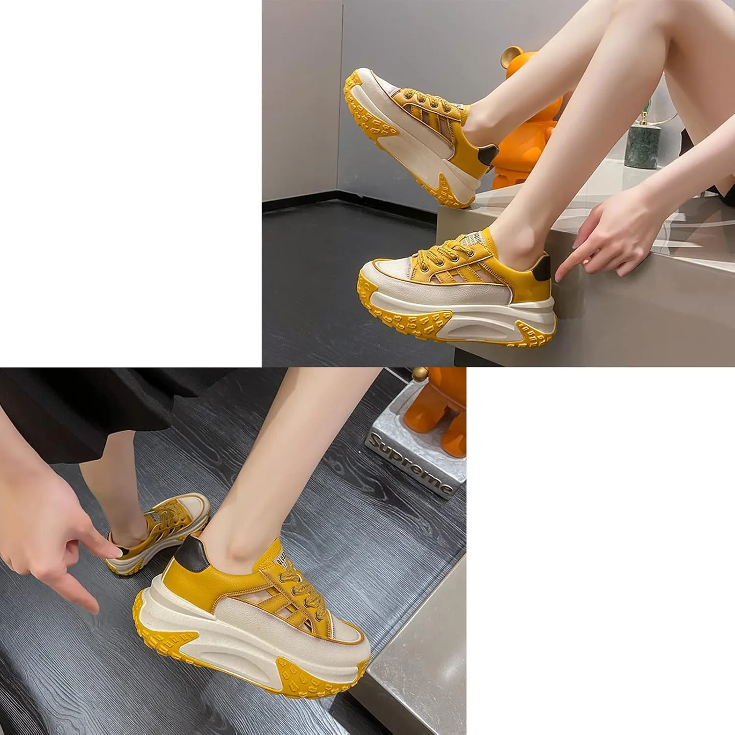 SOLPNOW Women's Leather Breathable Hollow Casual Sneakers,Lace Up Non-Slip Shock Absorbing Heighten Running Sneakers