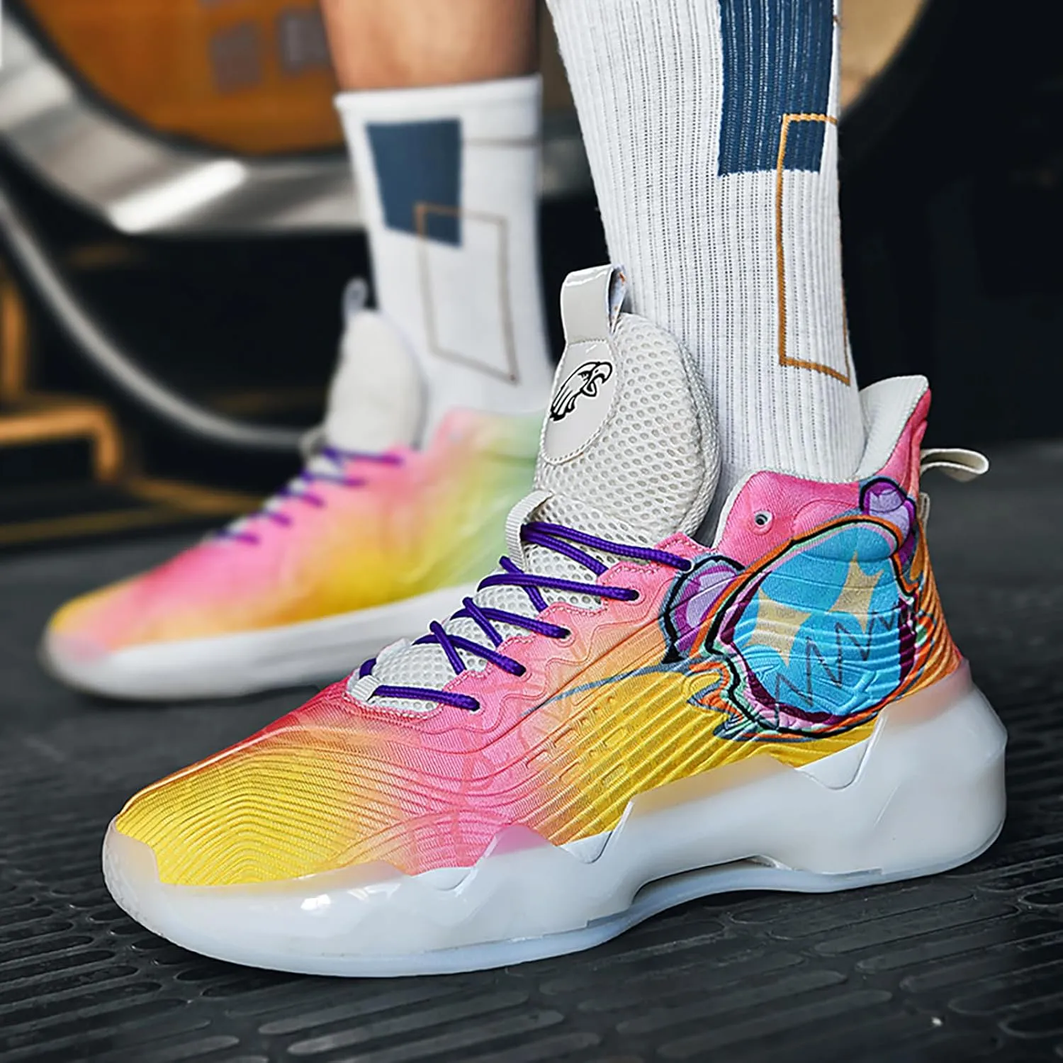 Women Men Basketball Shoes Youth Fashion High Top Running Shoes Volleyball Sneakers Colorful Painting Sport Shoes Comfortable Non-Slip Footwear