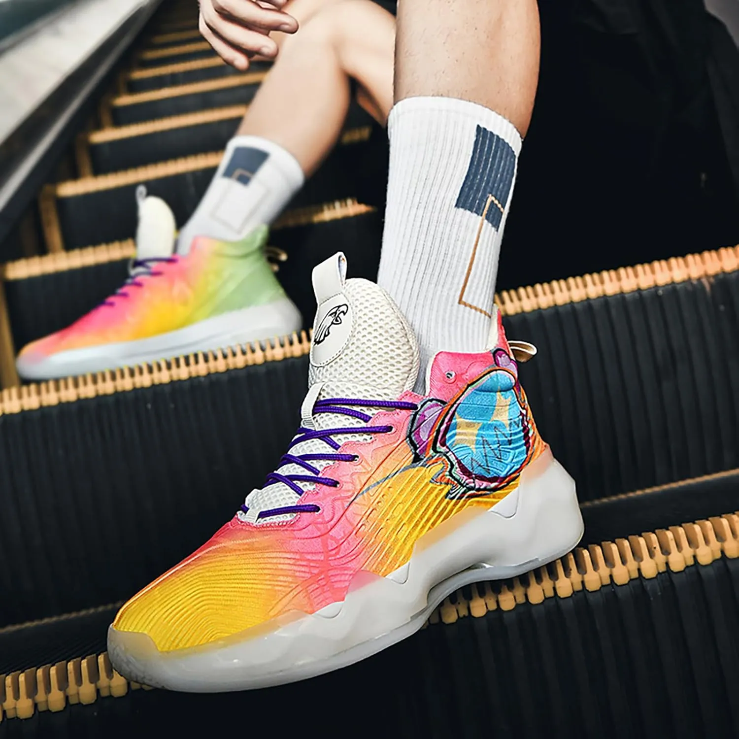 Women Men Basketball Shoes Youth Fashion High Top Running Shoes Volleyball Sneakers Colorful Painting Sport Shoes Comfortable Non-Slip Footwear