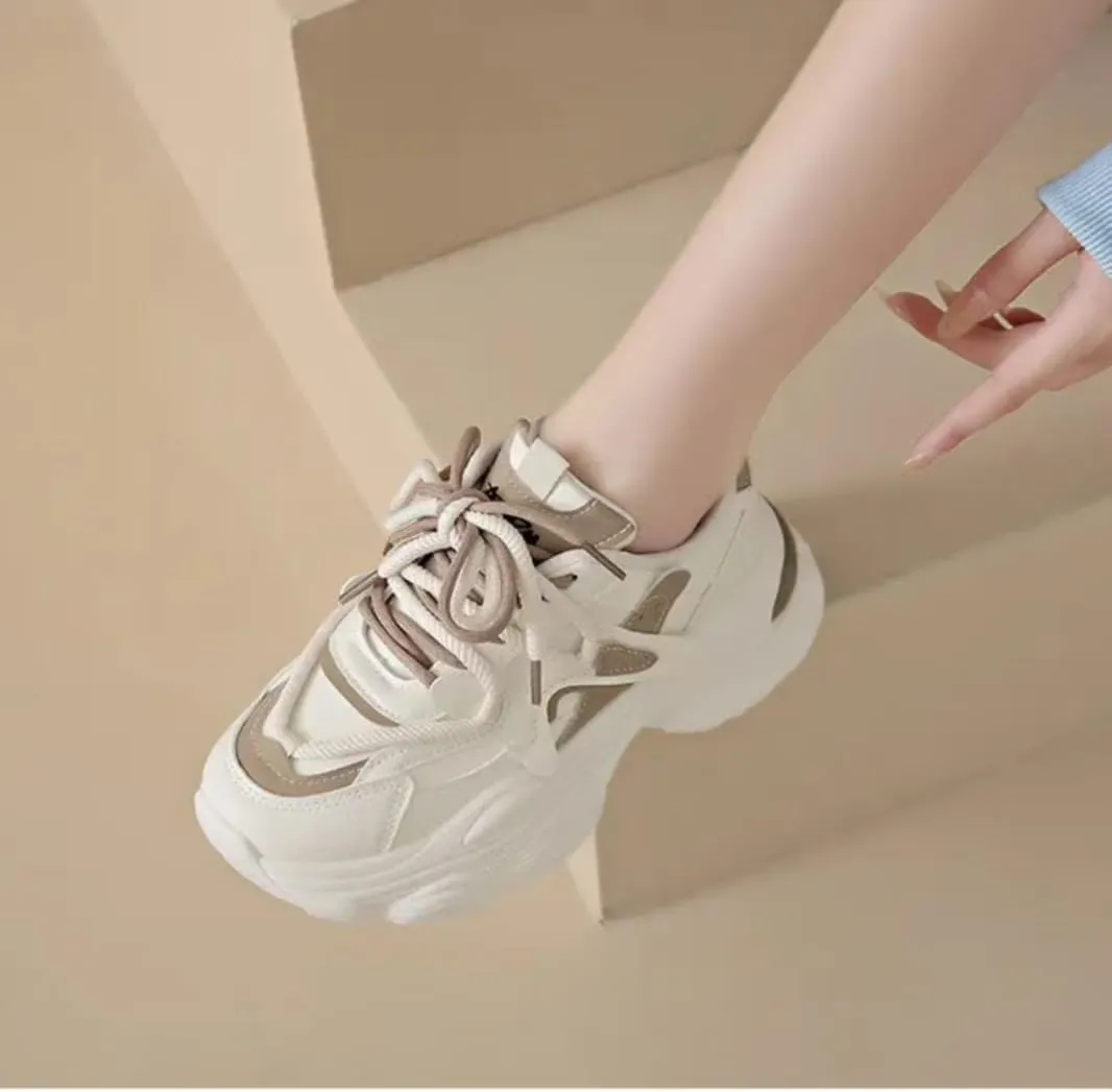 Womens Fashion Leather Lace Up Chunky Platform Sneakers Casual Breathable Shock Absorbing Heighten Walking Workout Driving Shoes