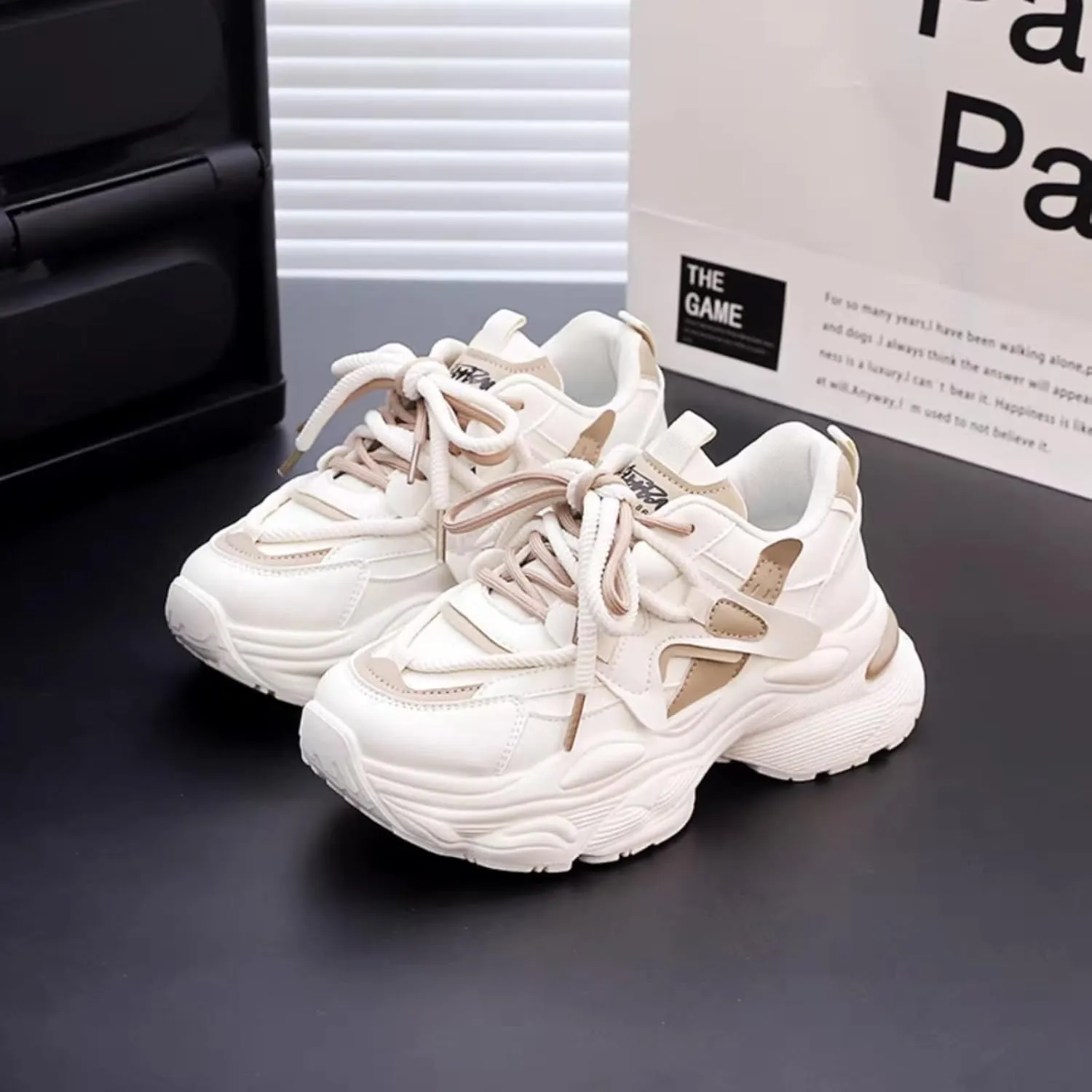 Womens Fashion Leather Lace Up Chunky Platform Sneakers Casual Breathable Shock Absorbing Heighten Walking Workout Driving Shoes